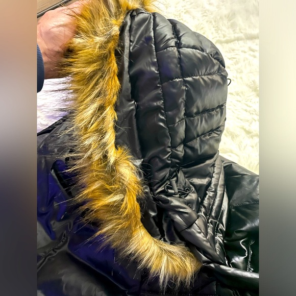 AQUA Jet Black Hooded Down Jacket With Fur Trim Size Small - Picture 11 of 15